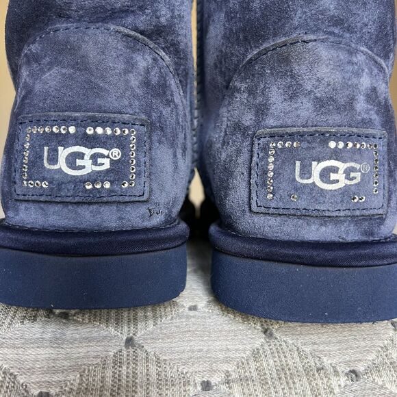 UGG Classic Short Swarovski Crystal Bow Boot Blue Suede Women 6 Sheepskin Cozy - Picture 13 of 16